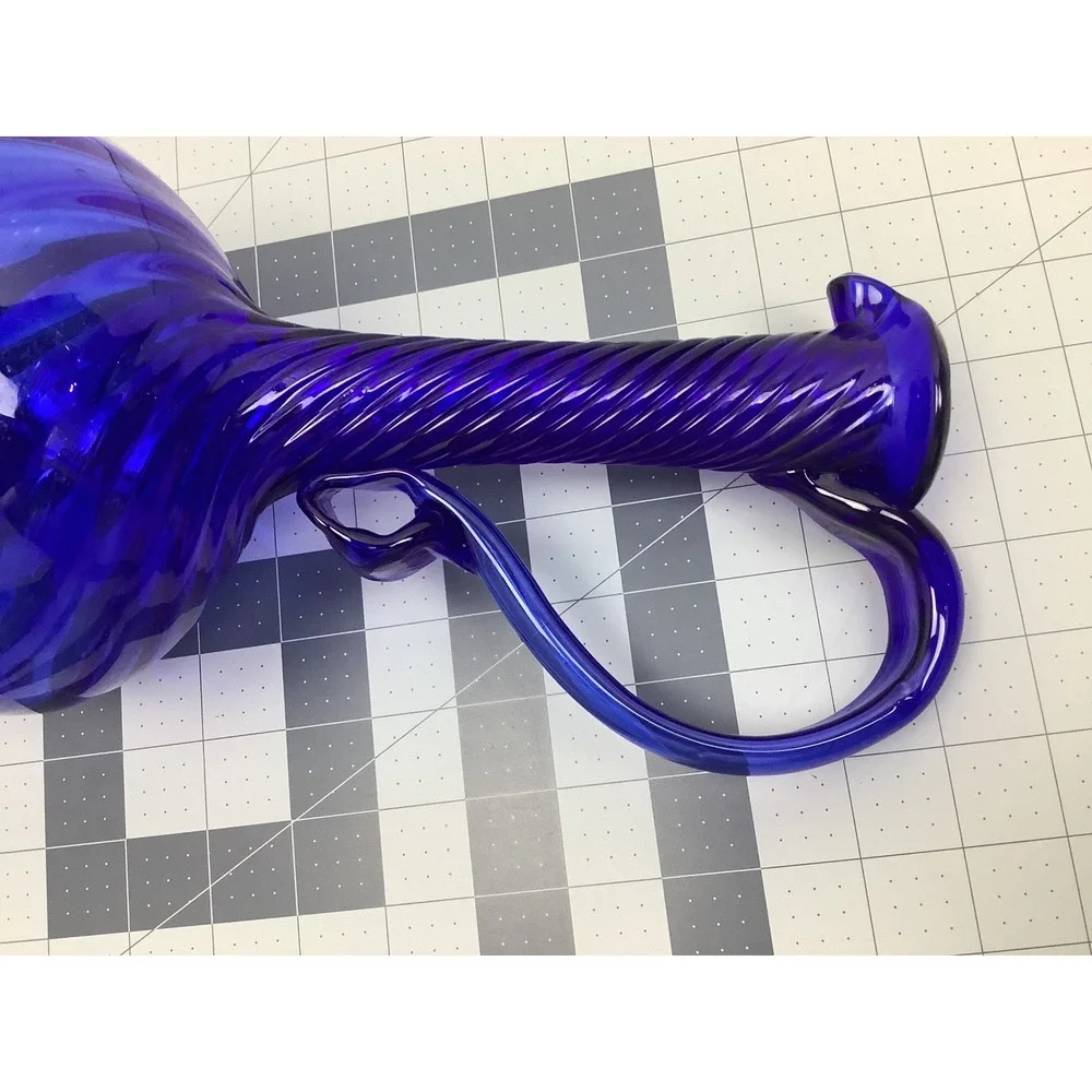 Vintage MCM Empoli Italy Cobalt Blue Art Glass Ewer Optic Swirl Rigaree Base Lg